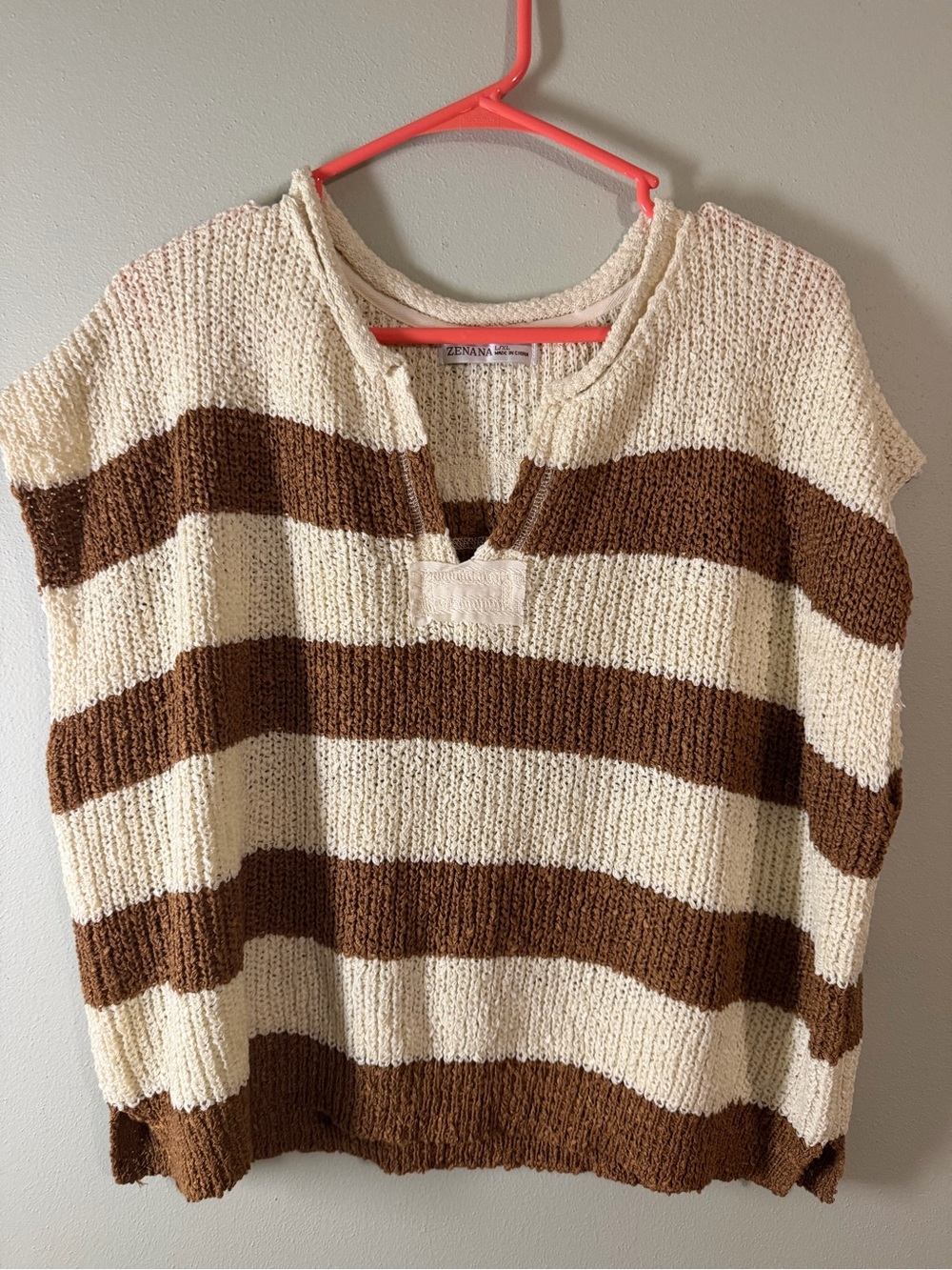 Zenana Outfitters Brown and Cream Striped Scoop-Neck Sweater